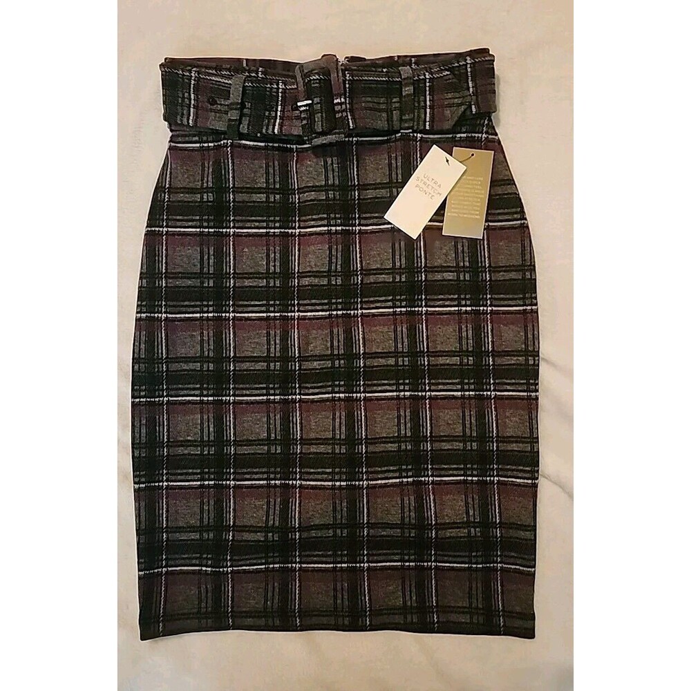 NWT Worthington Black Purple Plaid Skirt 4P Stretch Knit Pencil Knee Length Belt